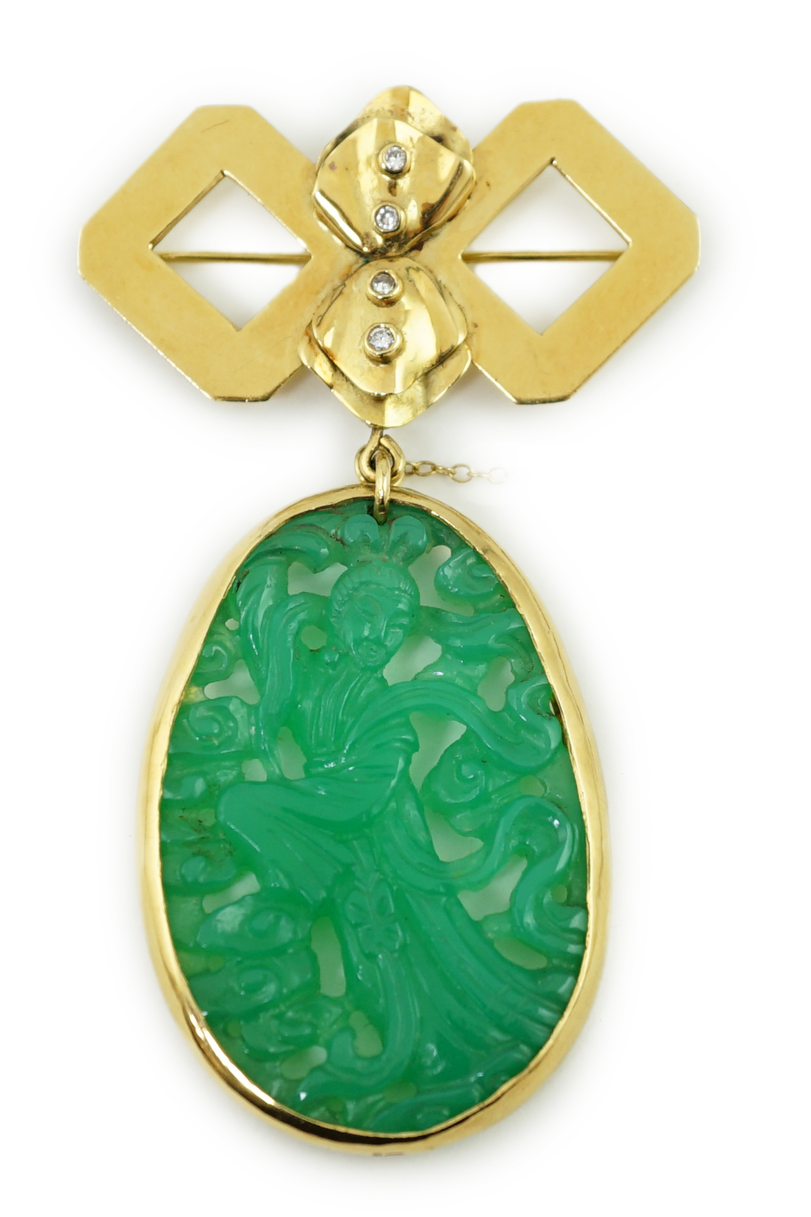 A modern 18ct gold and four stone diamond mounted jadeite drop brooch